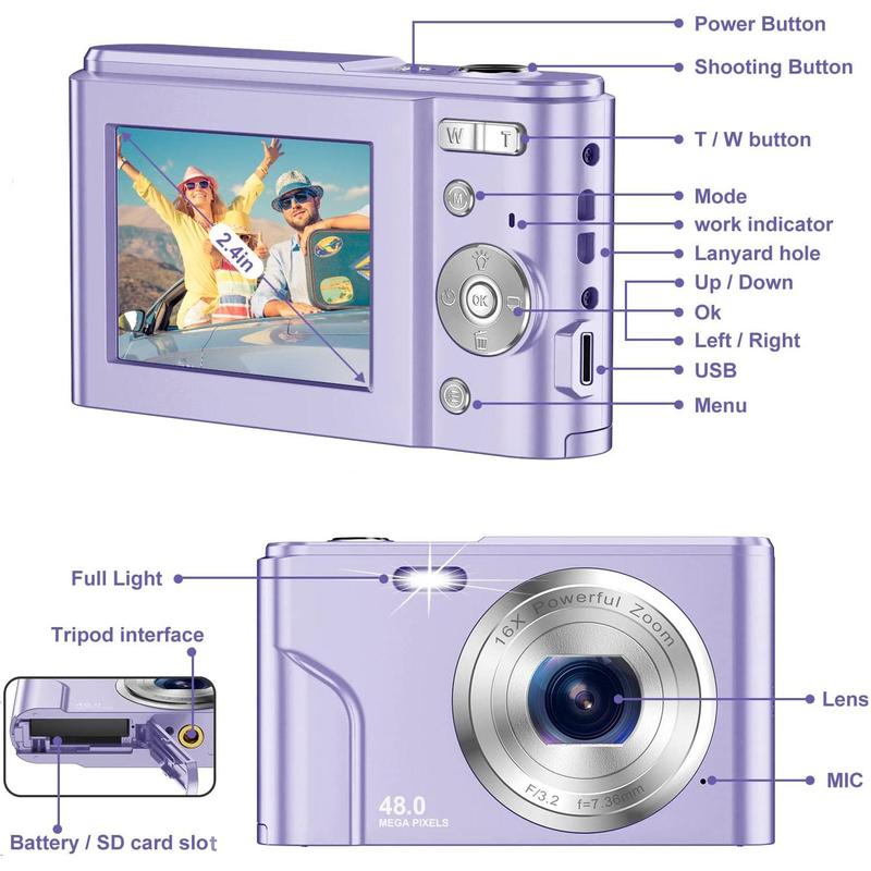 48MP FHD 1080P Video Camera, Portable 16X Zoom Digital Camera with 32GB Memory Card & Charging Cable & Instruction Manual, Compact Portable Digital Camera for Travel & Pictures, Photo Camera, Compact Camera, Pocket Camera