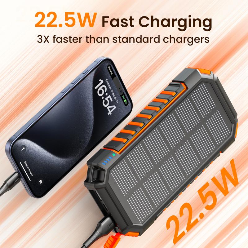 Cyber Monday Sale - Solar Charger Power Bank, 27000mAh Wireless Portable Charger with Built in Cables, 22.5W Fast Charging Battery Pack, USB C PD 3.0 QC 4.0 Portable Power Bank for iPhone16 15 14 13 Series, Samsung etc.