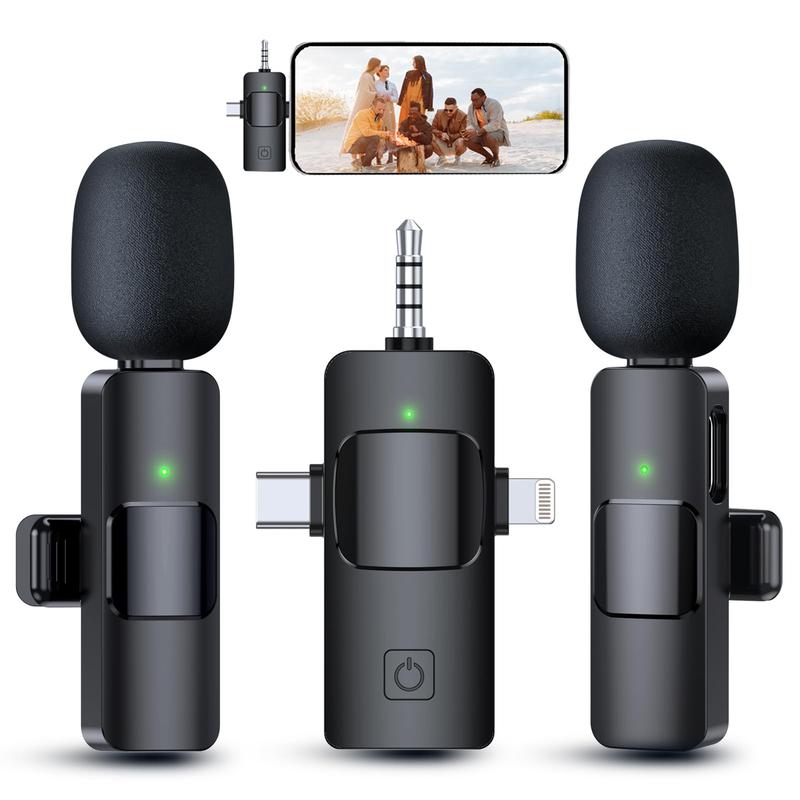 PQRQP 3 in 1 Wireless Lavalier Microphones for iPhone, iPad, Android, Camera, USB-C Microphone, 7-Hour Battery, Mini Microphone with Noise Reduction for Video Recording, Vlog Audio Amplifier