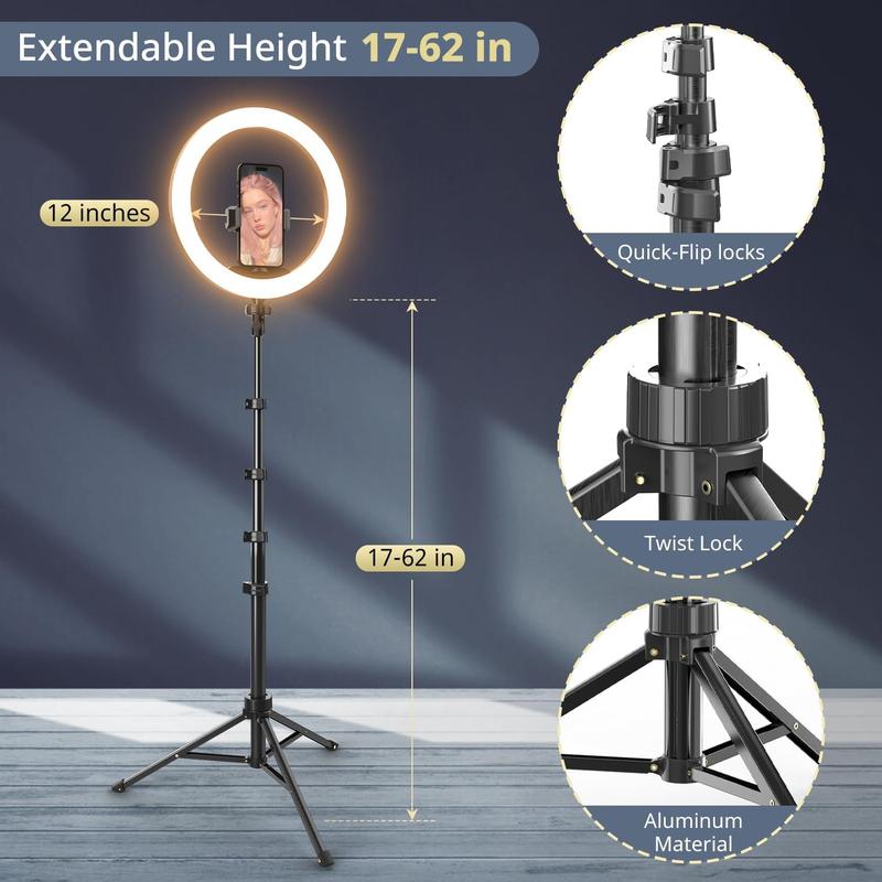 [Bundle 2] 10’’ Ring Light & Selfie Stick – 360° Adjustable, 63 inches Tripod, Extendable With Bluetooth Remote