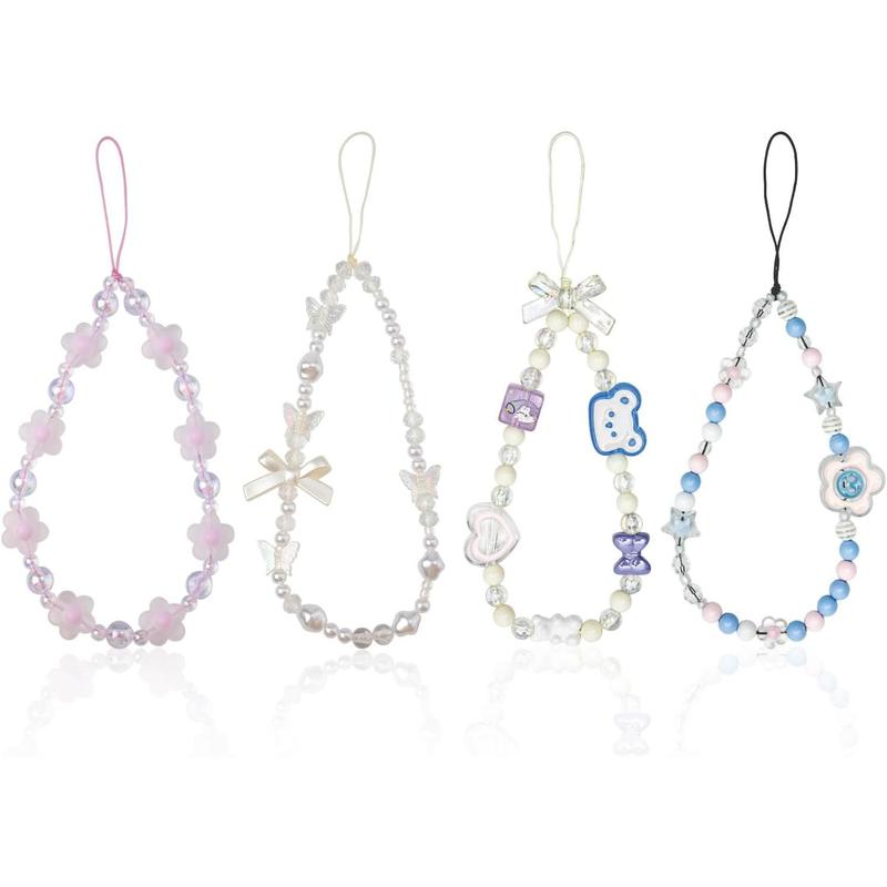 4pcs Beaded Phone Charms, 4 Styles Cute Mobile Phone Bracelet Strap Aesthetic Crystal Cell Phone String Keychain Bear Flower Bow Phone Chain Wrist Lanyard for Women Girls Phone Accessory