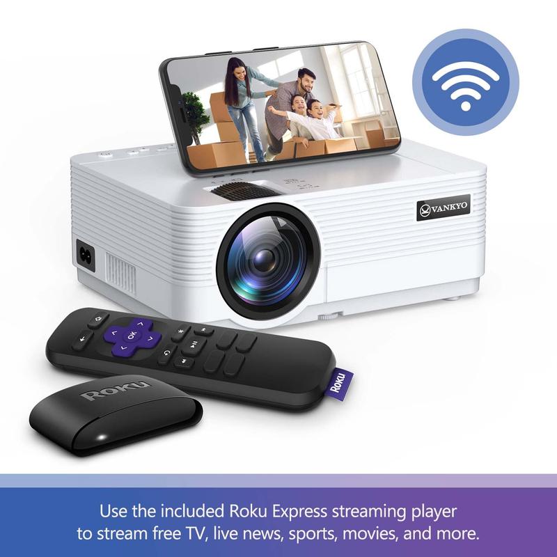 Leisure 470 HD Mini Projector with Roku Express Streaming Player, 50000 Hrs LED Life, 240'' Display Screen for Home Theater & Outdoor Movies