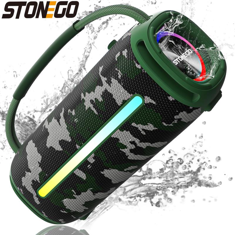 STONEGO Portable Wireless Speaker, USB-C Rechargeable Wireless Speaker with FM Mode, Waterproof Speaker with Double Speaker & RGB Light for Outdoor