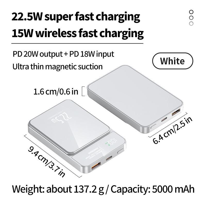 Magnetic Wireless Power Bank, 22.5W Super Fast Charging Power Bank with LED Display, Outdoor Emergency Backup Battery Pack for iPhone 15 14 13 12