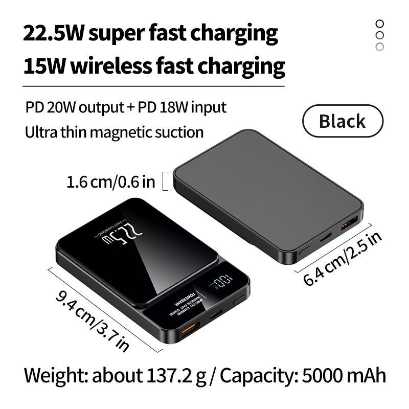 Magnetic Wireless Power Bank, 22.5W Super Fast Charging Power Bank with LED Display, Outdoor Emergency Backup Battery Pack for iPhone 15 14 13 12