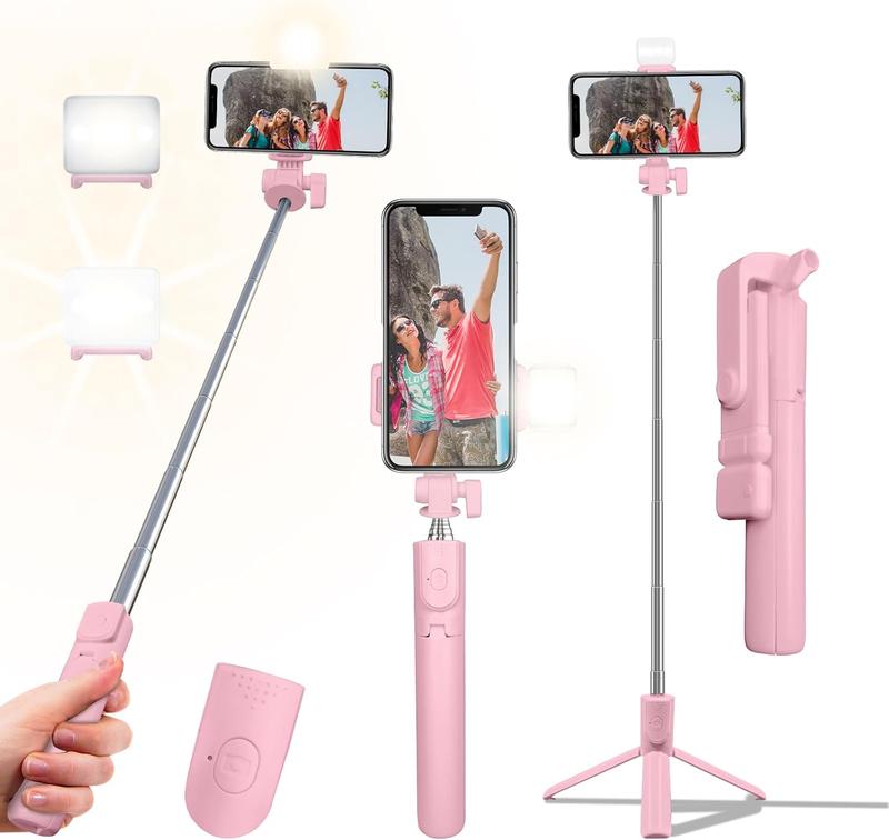 Selfie Stick Tripod, 40in Retractable Phone Tripod with Wireless Remote Control & Light, Portable Selfie Stick Tripod for Photograph, Video Recording, Compatible with All Cellphones (Pink)