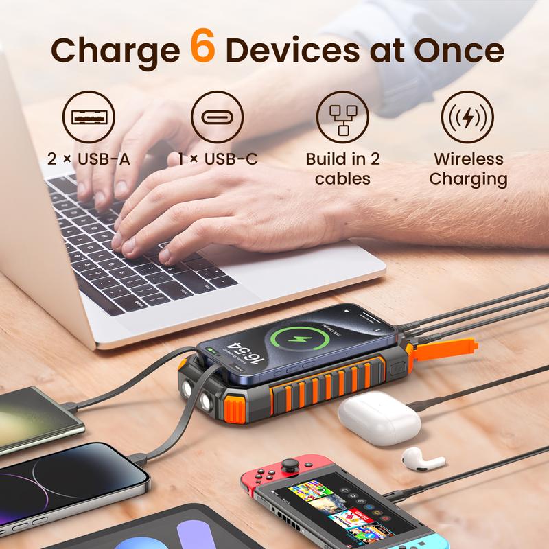 Cyber Monday Sale - Solar Charger Power Bank, 27000mAh Wireless Portable Charger with Built in Cables, 22.5W Fast Charging Battery Pack, USB C PD 3.0 QC 4.0 Portable Power Bank for iPhone16 15 14 13 Series, Samsung etc.