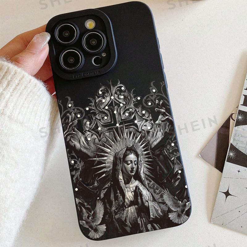 Gothic-Style Guadalupe Pattern Phone Case, Anti-drop Shockproof Phone Protective Cover, Phone Accessory Compatible with iPhone 11 12 13 14 15 Pro Max