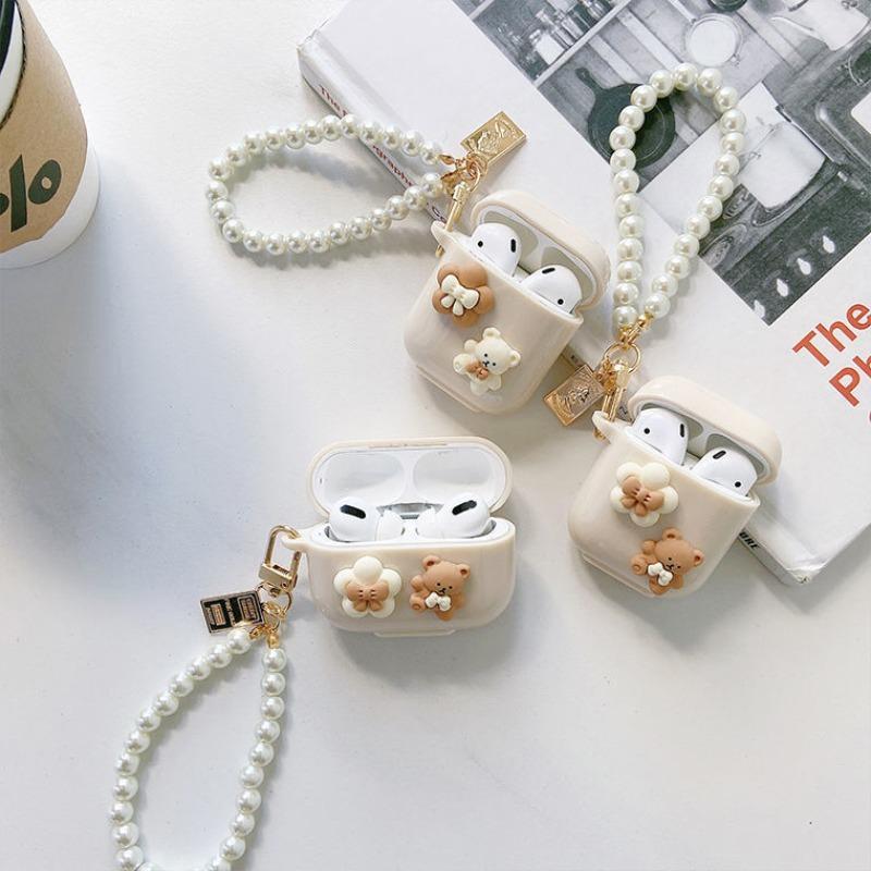 Cute Bear & Bowknot Design Earphone Case with Keychain, Decorative Earphone Protector Cover, Earphone Accessories Compatible with AirPods