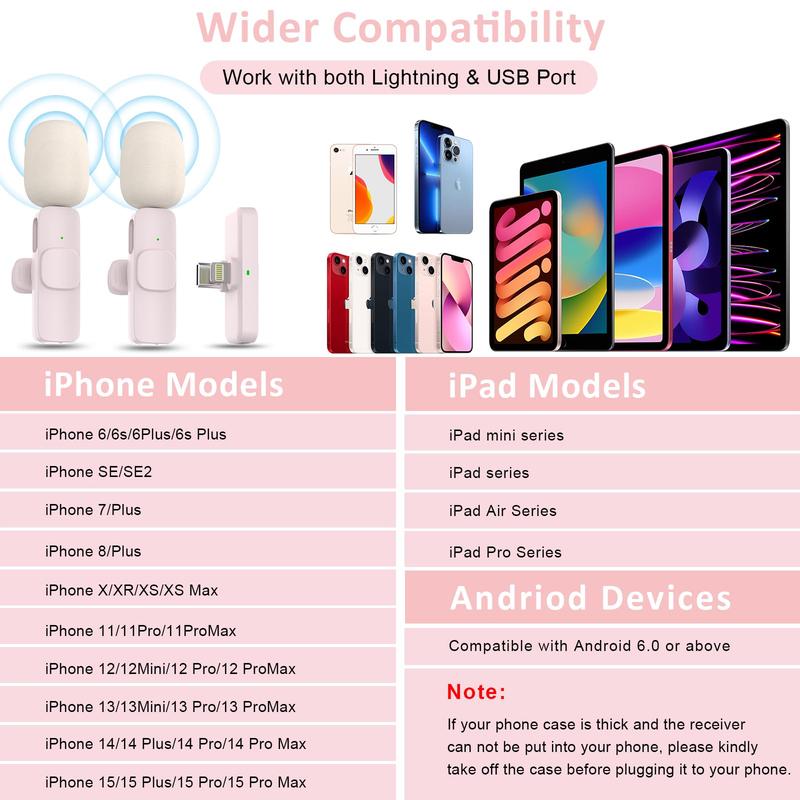 Wireless Lavalier Microphone for iPhone iPad Android Pro Lapel Mic Noise-Cancelling Plug-n-Play Mini Cordless Clip-On Mic for Interviews TikTok (Pink) Audio Bluetooth Audio Bluetooth