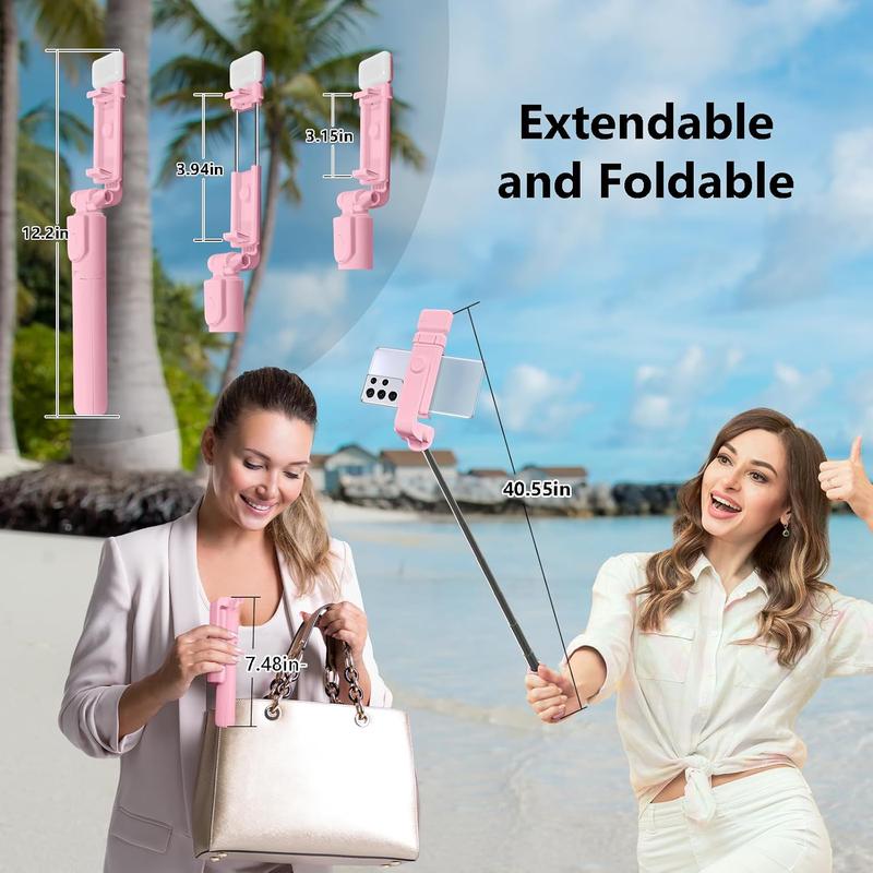 Selfie Stick Tripod, 40in Retractable Phone Tripod with Wireless Remote Control & Light, Portable Selfie Stick Tripod for Photograph, Video Recording, Compatible with All Cellphones (Pink)