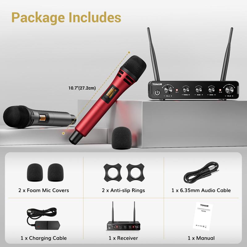 TONOR Wireless Microphone Systems, Dual UHF Cordless Karaoke Microphone Set, Handheld Dynamic  Microphone for Singing with Receiver for Karaoke, DJ Party, Church, Wedding, Speech,TW3A