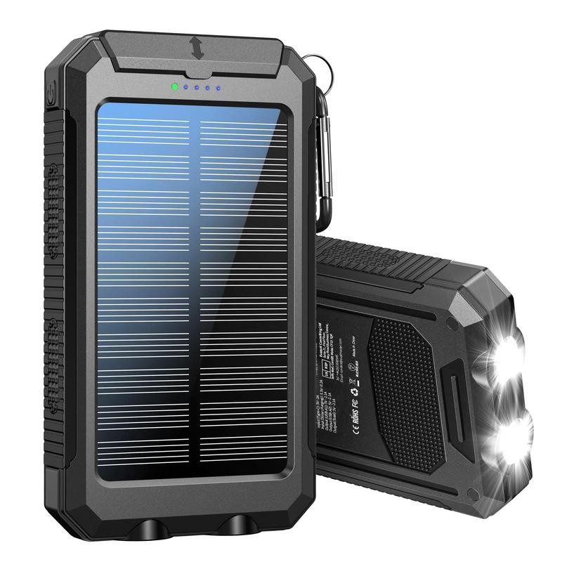 10000mAh Solar Portable Charger Power Bank, Dual USB Output Port Phone Charger for iPhone Android Devices, Waterproof External Battery Pack with Flashlight, Compass & Carabiner, Smartphone Charging Accessories, Camping Gadgets 2024, Black Friday Best Buy