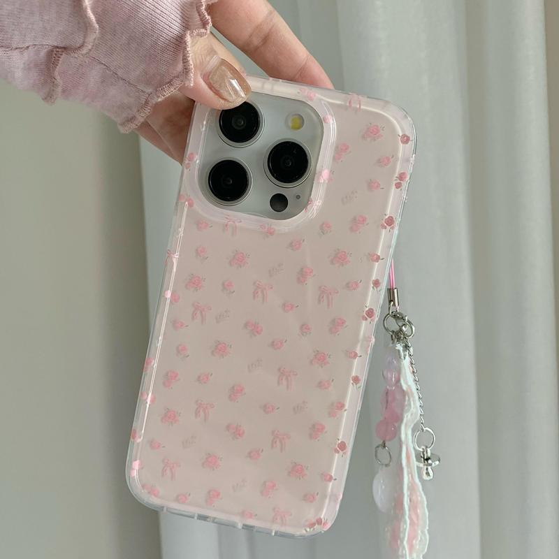 Cute Floral Pattern Phone Case with Wrist Strap, Fashion Phone Protective Case, Phone Accessories Compatible with iPhone 15 14 13 12 Pro Max