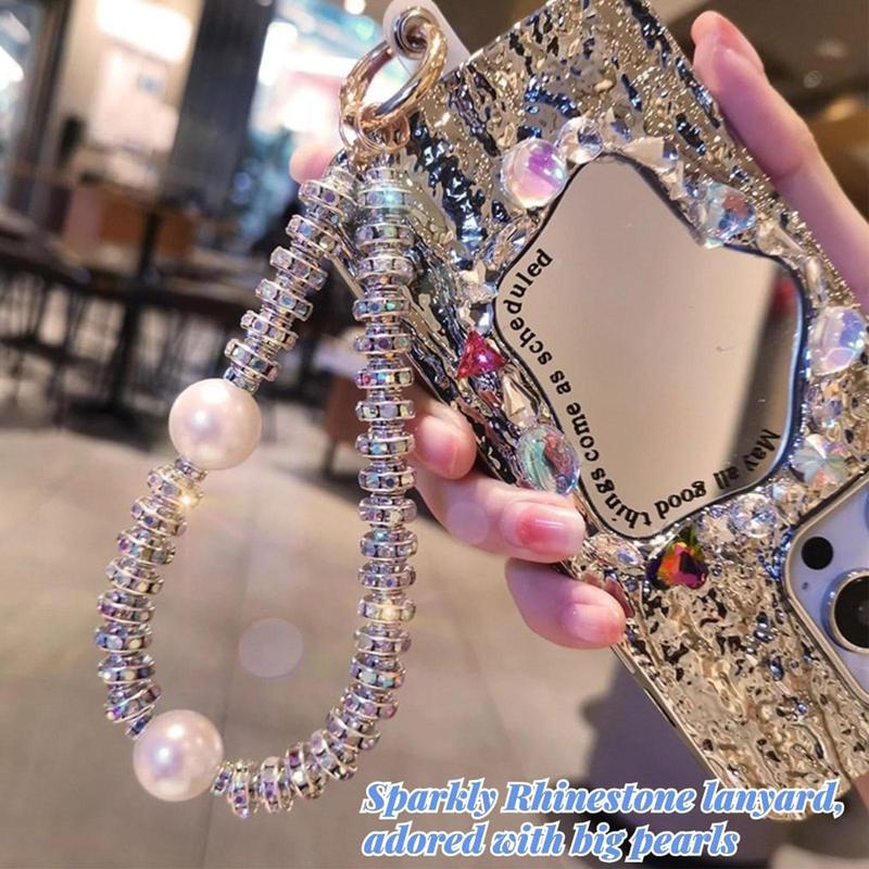 Artificial Rhinestone & Faux Pearl Decor Phone Chain with Phone Tether Tab, Anti-lost Phone Lanyard, Fashion Phone Strap for Women & Girls, Phone Decoration