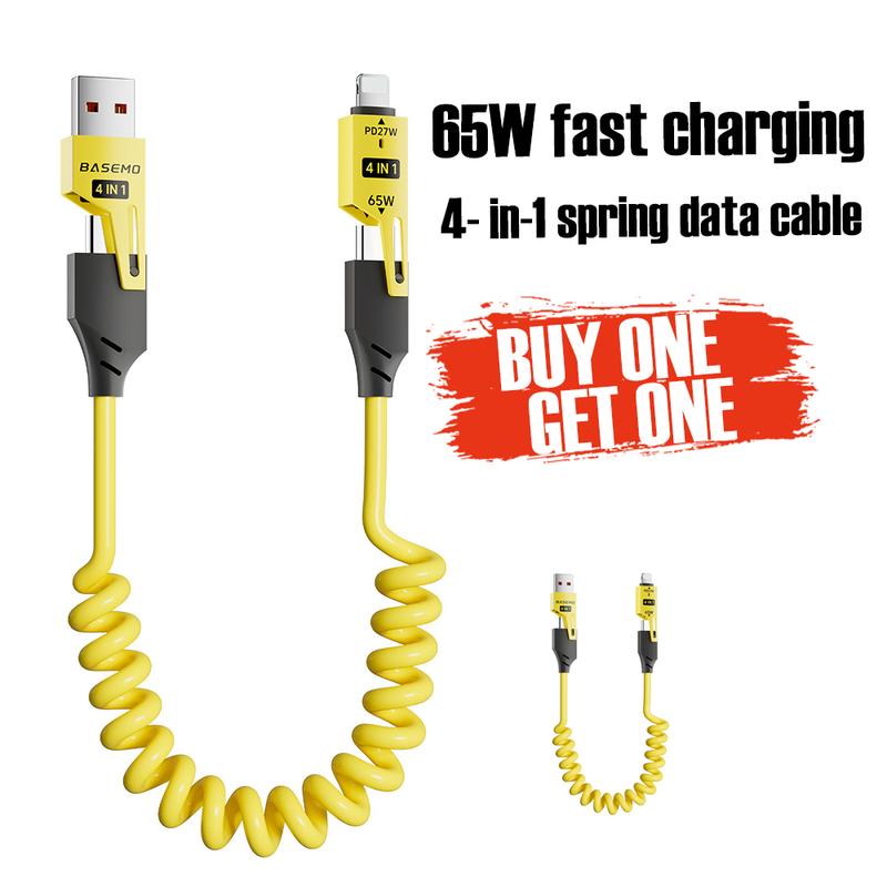 65W Ultra-Fast 4-in-1 Spring Data Cable for CarPlay, CarLife, and Mobile Charging