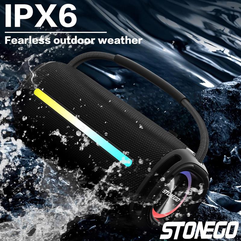 STONEGO Portable Wireless Speaker, USB-C Rechargeable Wireless Speaker with FM Mode, Waterproof Speaker with Double Speaker & RGB Light for Outdoor