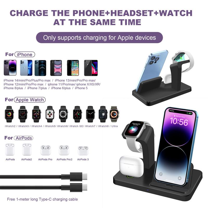 3 in 1 Wireless Charger Holder for iPhone 14 13 12 11 XS XR X 8 7 6 5 Fast Charging Dock Station for Airpods Pro Apple Watch Wireless Charger Stand Cable Smartphone