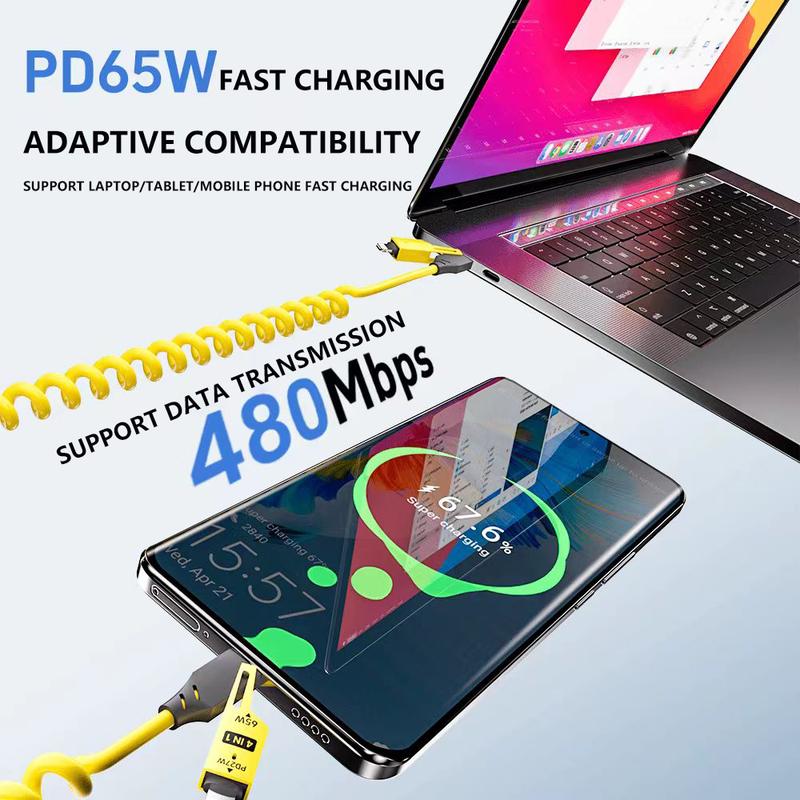 65W Ultra-Fast 4-in-1 Spring Data Cable for CarPlay, CarLife, and Mobile Charging