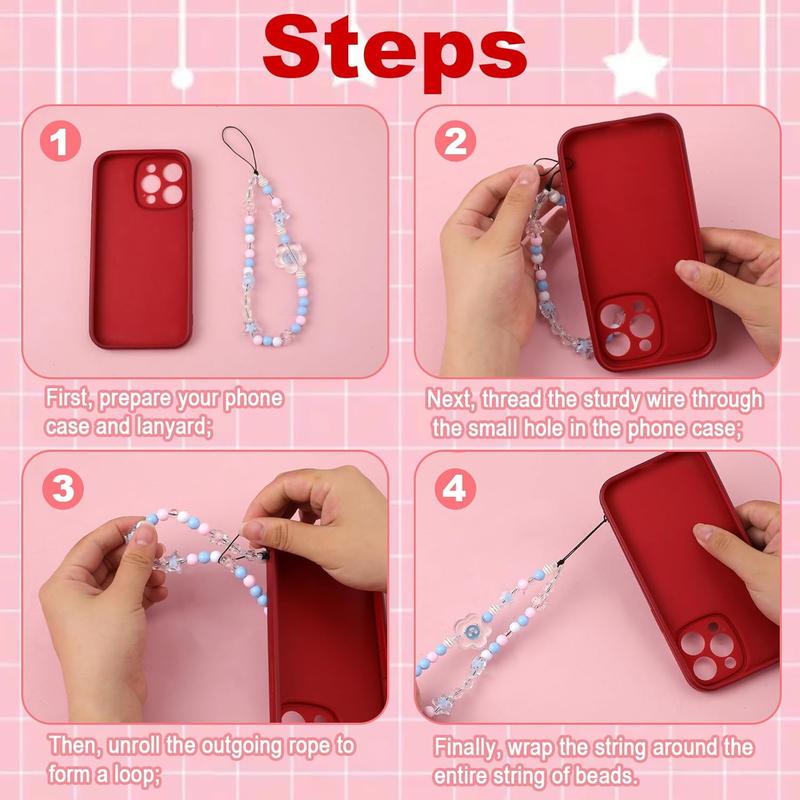 4pcs Beaded Phone Charms, 4 Styles Cute Mobile Phone Bracelet Strap Aesthetic Crystal Cell Phone String Keychain Bear Flower Bow Phone Chain Wrist Lanyard for Women Girls Phone Accessory