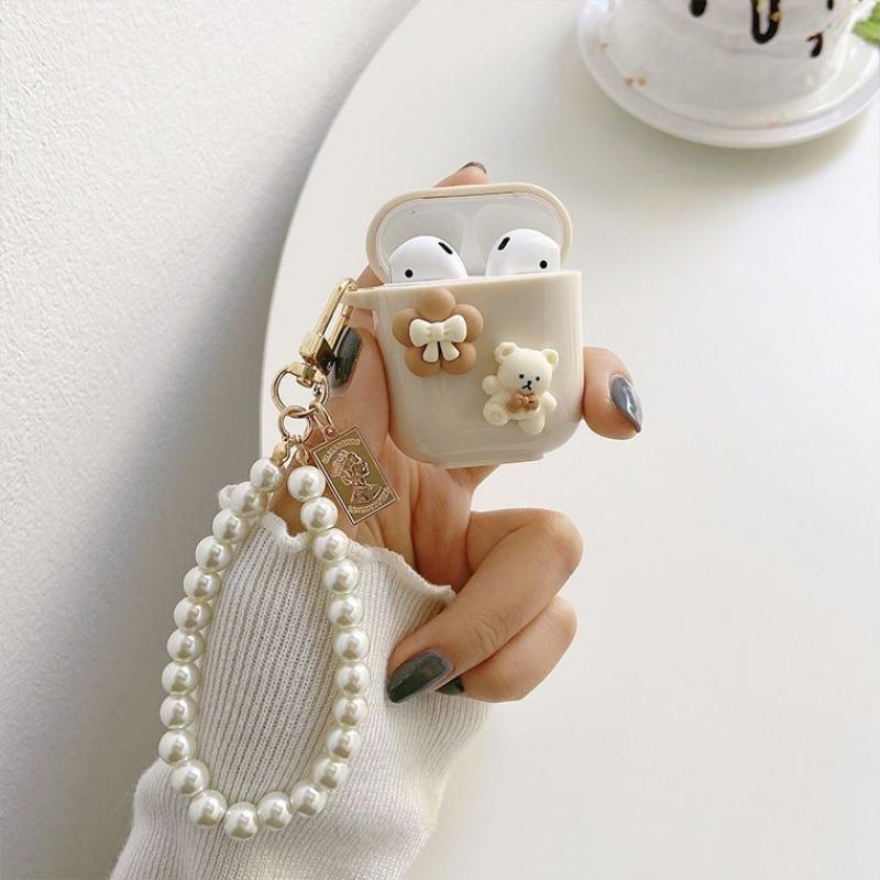 Cute Bear & Bowknot Design Earphone Case with Keychain, Decorative Earphone Protector Cover, Earphone Accessories Compatible with AirPods