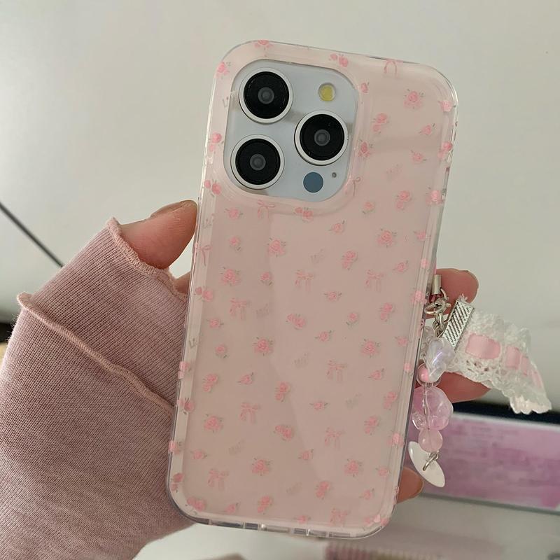 Cute Floral Pattern Phone Case with Wrist Strap, Fashion Phone Protective Case, Phone Accessories Compatible with iPhone 15 14 13 12 Pro Max