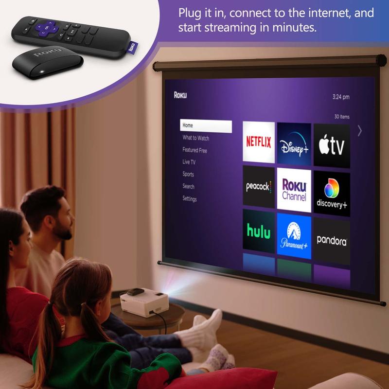 Leisure 470 HD Mini Projector with Roku Express Streaming Player, 50000 Hrs LED Life, 240'' Display Screen for Home Theater & Outdoor Movies