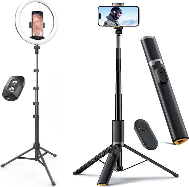 [Bundle 2] 10’’ Ring Light & Selfie Stick – 360° Adjustable, 63 inches Tripod, Extendable With Bluetooth Remote