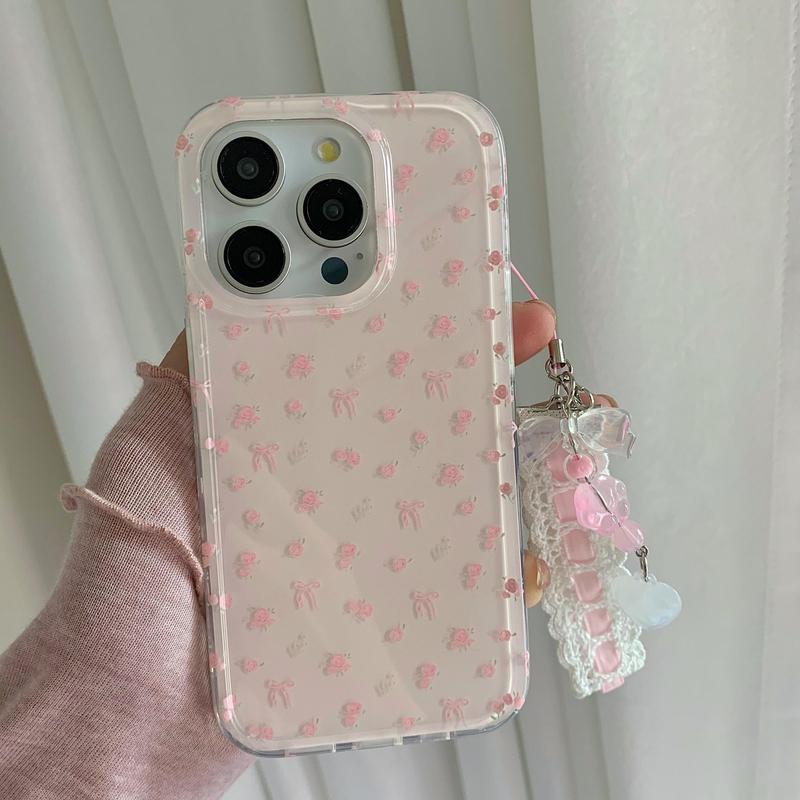 Cute Floral Pattern Phone Case with Wrist Strap, Fashion Phone Protective Case, Phone Accessories Compatible with iPhone 15 14 13 12 Pro Max