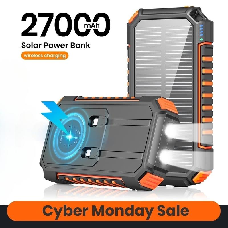 Cyber Monday Sale - Solar Charger Power Bank, 27000mAh Wireless Portable Charger with Built in Cables, 22.5W Fast Charging Battery Pack, USB C PD 3.0 QC 4.0 Portable Power Bank for iPhone16 15 14 13 Series, Samsung etc.