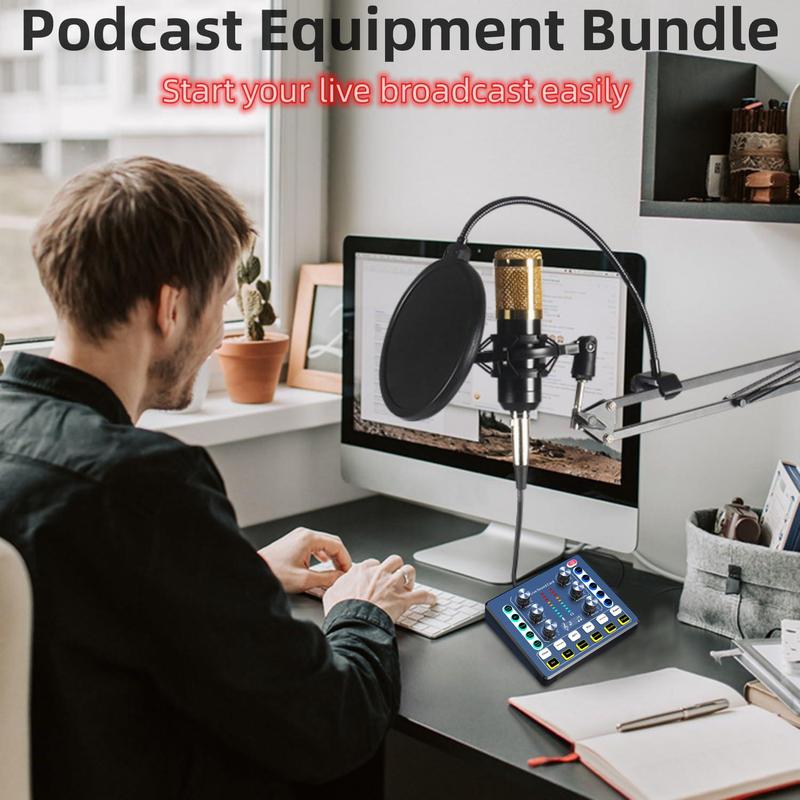 Podcast Equipment Bundle, 1 Set Sound Cards with Audio Interface & Microphone & Other Accessories, Professional Podcast Microphone for Recording, Live Streaming