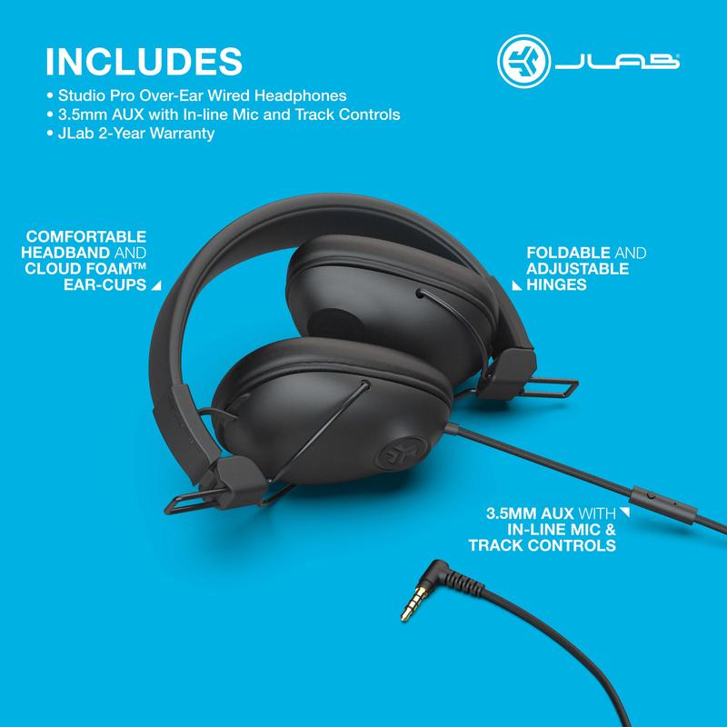 JLab Studio Pro Over-Ear Headphones with C3 Sound, In-Line Microphone & Tangle-Free Cord, 3.5mm Connection Audio Steel