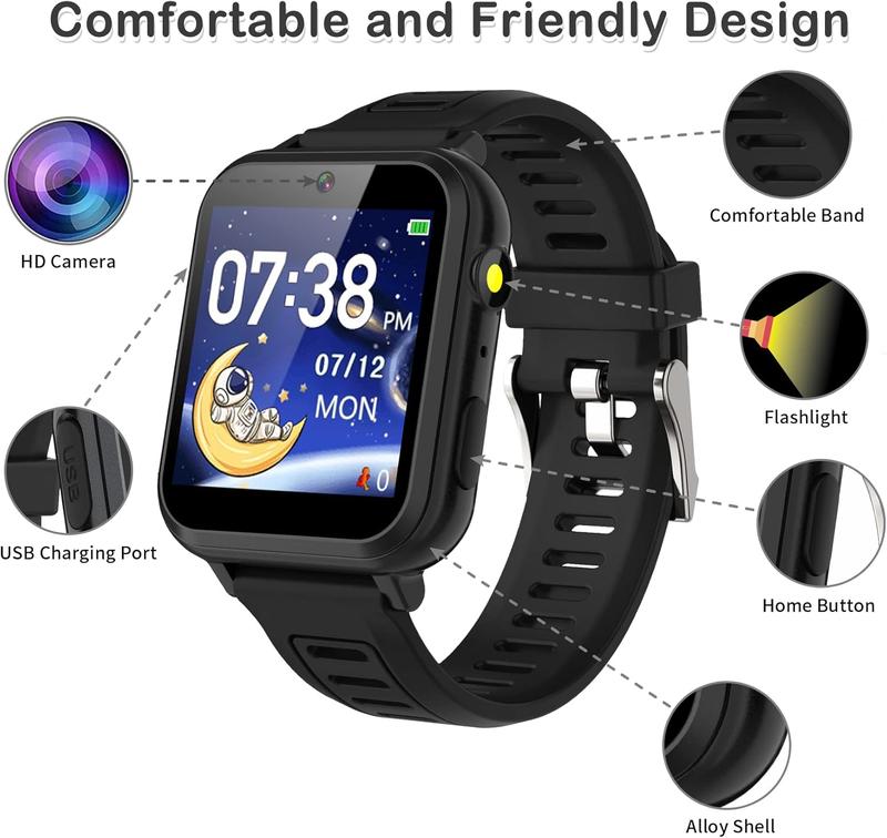 Smart Watch for Kids, Smart Watch Toys with 24 Games Camera Video Recorder Music Alarm Calculator Calendar Flashlight Stopwatch Pedometer Gift Toys for 3-12 Years Old Boys and Girls (Black)