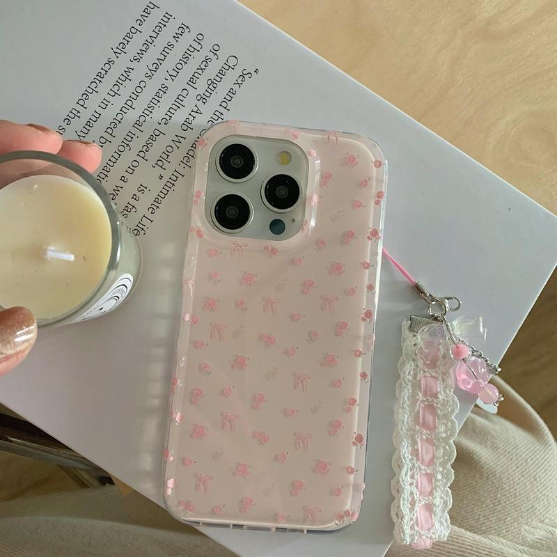 Cute Floral Pattern Phone Case with Wrist Strap, Fashion Phone Protective Case, Phone Accessories Compatible with iPhone 15 14 13 12 Pro Max