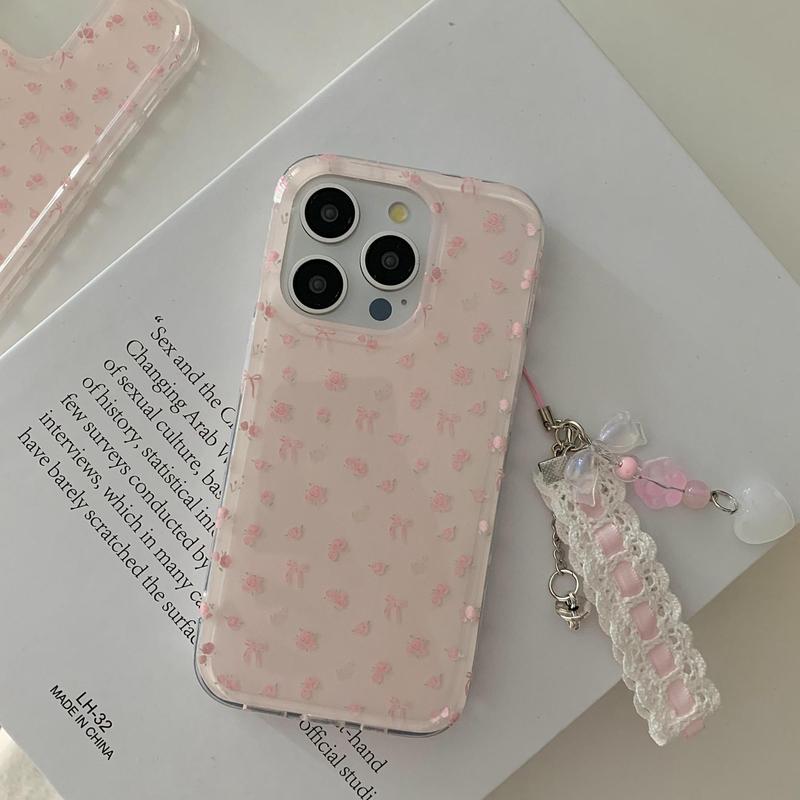 Cute Floral Pattern Phone Case with Wrist Strap, Fashion Phone Protective Case, Phone Accessories Compatible with iPhone 15 14 13 12 Pro Max