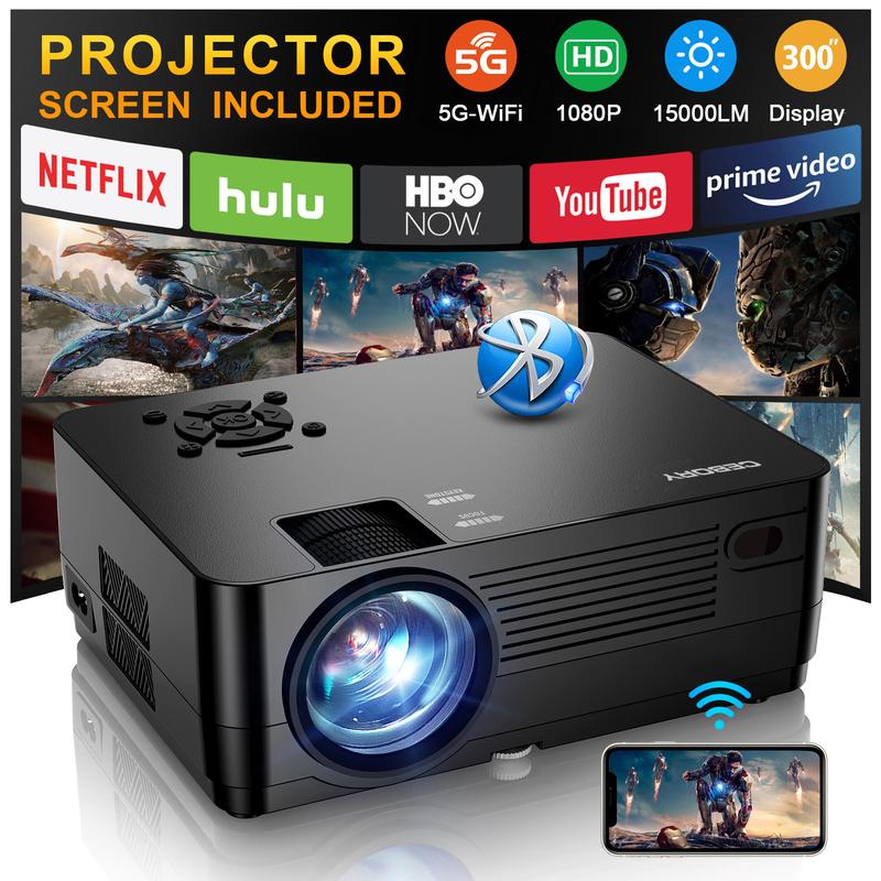 5G WiFi Bluetooth Native 1080P Projector[Projector Screen and Bag Included], 15000LM Full HD Movie Projector, 300