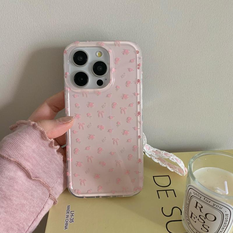 Cute Floral Pattern Phone Case with Wrist Strap, Fashion Phone Protective Case, Phone Accessories Compatible with iPhone 15 14 13 12 Pro Max