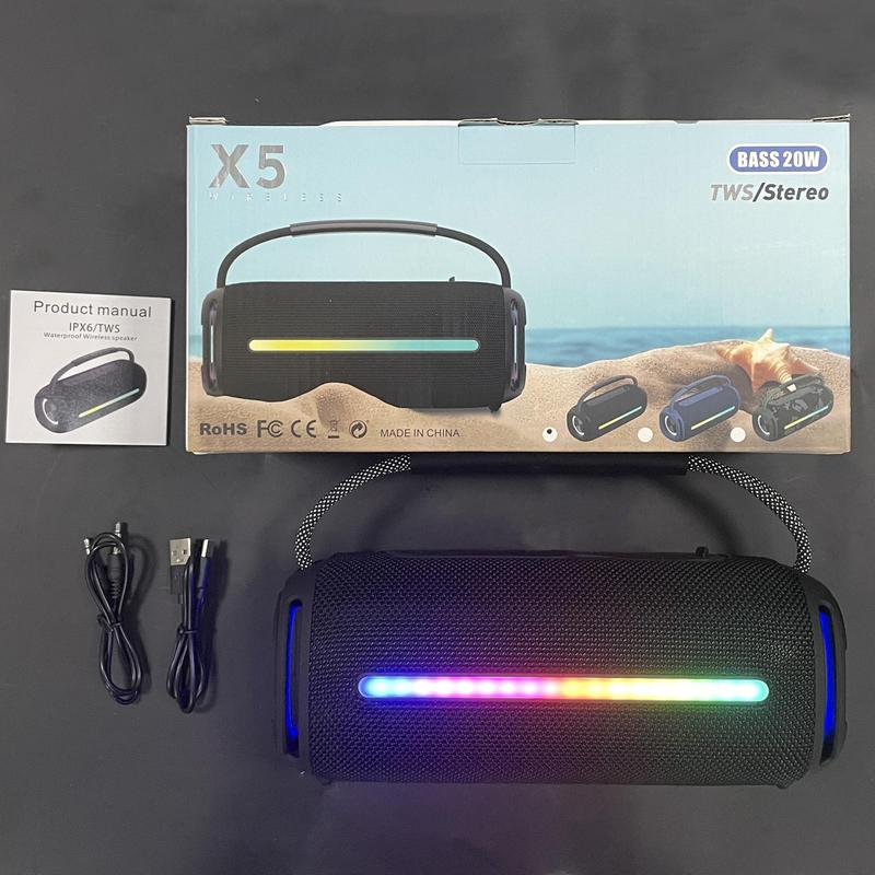 STONEGO Portable Wireless Speaker, USB-C Rechargeable Wireless Speaker with FM Mode, Waterproof Speaker with Double Speaker & RGB Light for Outdoor