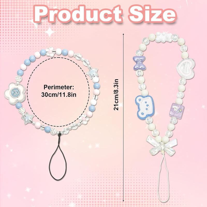 4pcs Beaded Phone Charms, 4 Styles Cute Mobile Phone Bracelet Strap Aesthetic Crystal Cell Phone String Keychain Bear Flower Bow Phone Chain Wrist Lanyard for Women Girls Phone Accessory