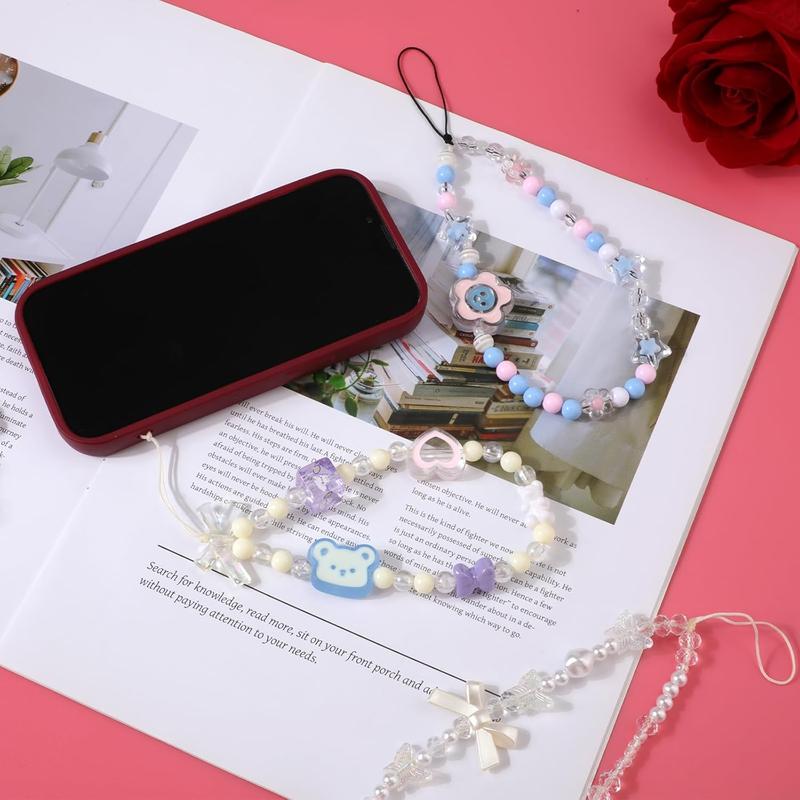 4pcs Beaded Phone Charms, 4 Styles Cute Mobile Phone Bracelet Strap Aesthetic Crystal Cell Phone String Keychain Bear Flower Bow Phone Chain Wrist Lanyard for Women Girls Phone Accessory