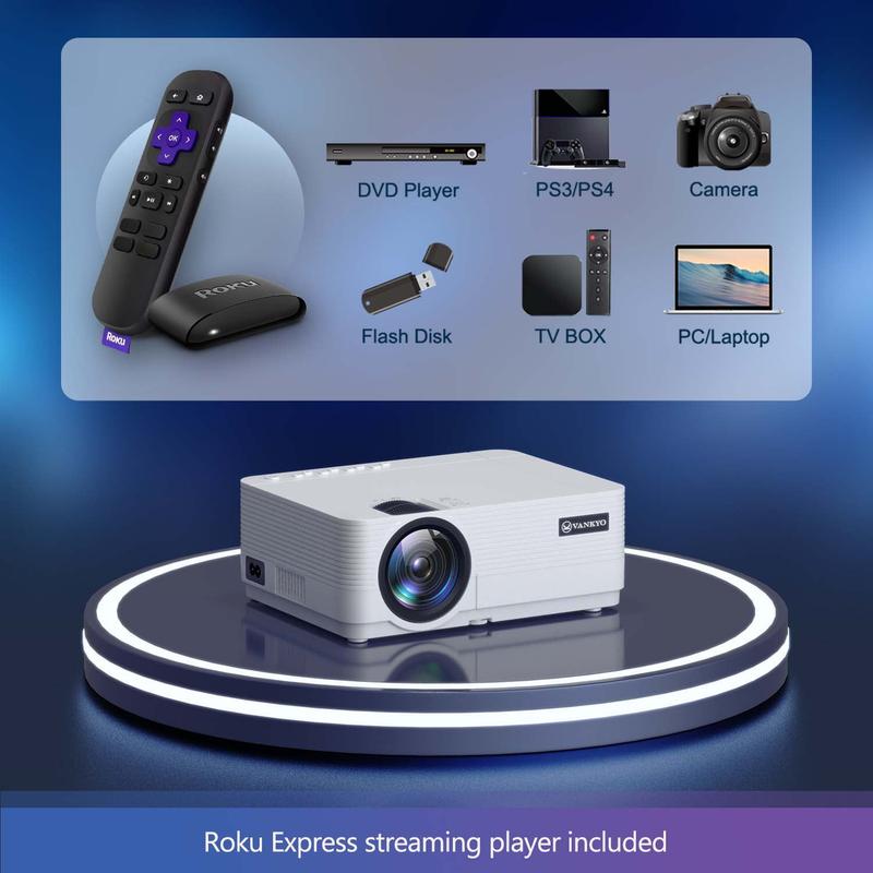 Leisure 470 HD Mini Projector with Roku Express Streaming Player, 50000 Hrs LED Life, 240'' Display Screen for Home Theater & Outdoor Movies