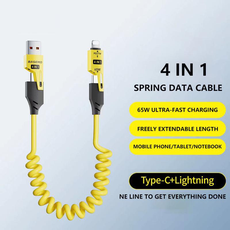 65W Ultra-Fast 4-in-1 Spring Data Cable for CarPlay, CarLife, and Mobile Charging