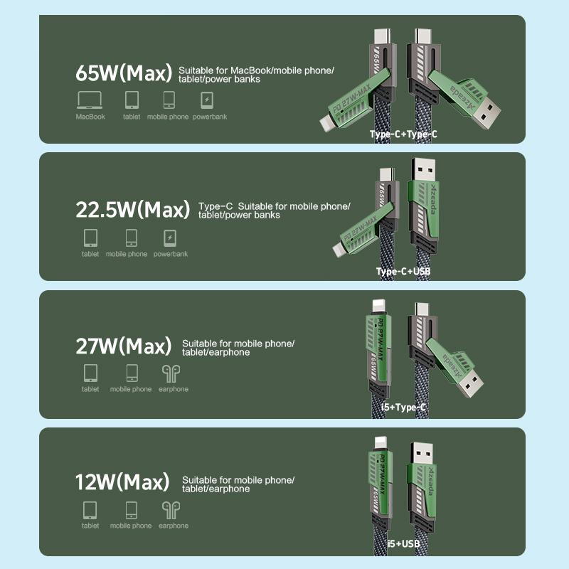 4 in 1 PD 65W Fast Charging Data Cable, Multifunctional Charging Cable Compatible with iPhone & Android, Universal Mobile Phone Accessories