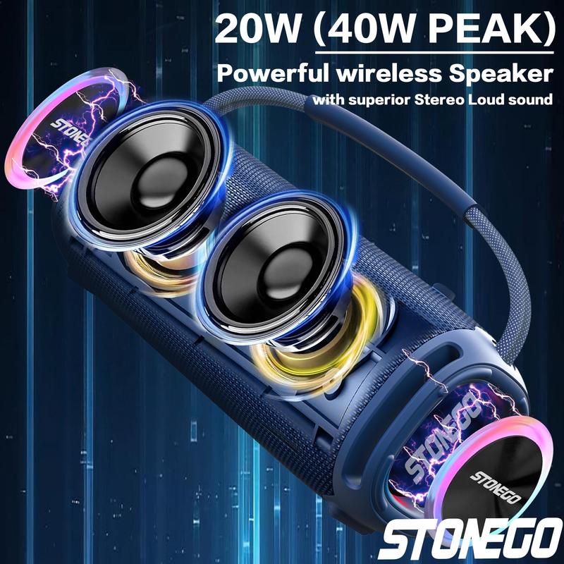 STONEGO Portable Wireless Speaker, USB-C Rechargeable Wireless Speaker with FM Mode, Waterproof Speaker with Double Speaker & RGB Light for Outdoor