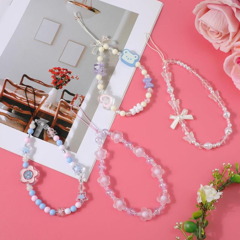 4pcs Beaded Phone Charms, 4 Styles Cute Mobile Phone Bracelet Strap Aesthetic Crystal Cell Phone String Keychain Bear Flower Bow Phone Chain Wrist Lanyard for Women Girls Phone Accessory