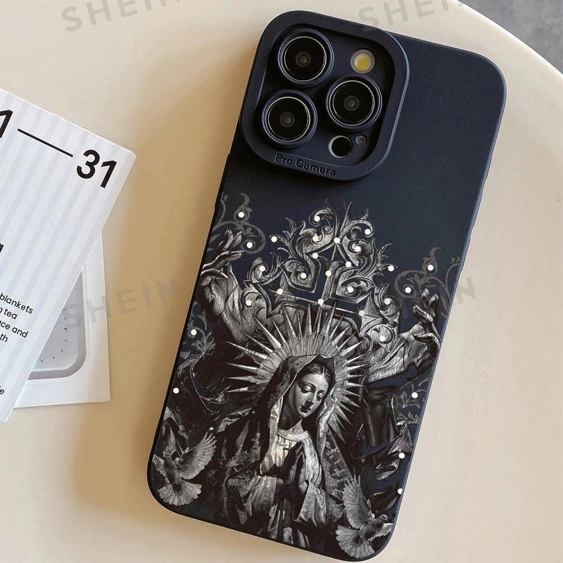 Gothic-Style Guadalupe Pattern Phone Case, Anti-drop Shockproof Phone Protective Cover, Phone Accessory Compatible with iPhone 11 12 13 14 15 Pro Max