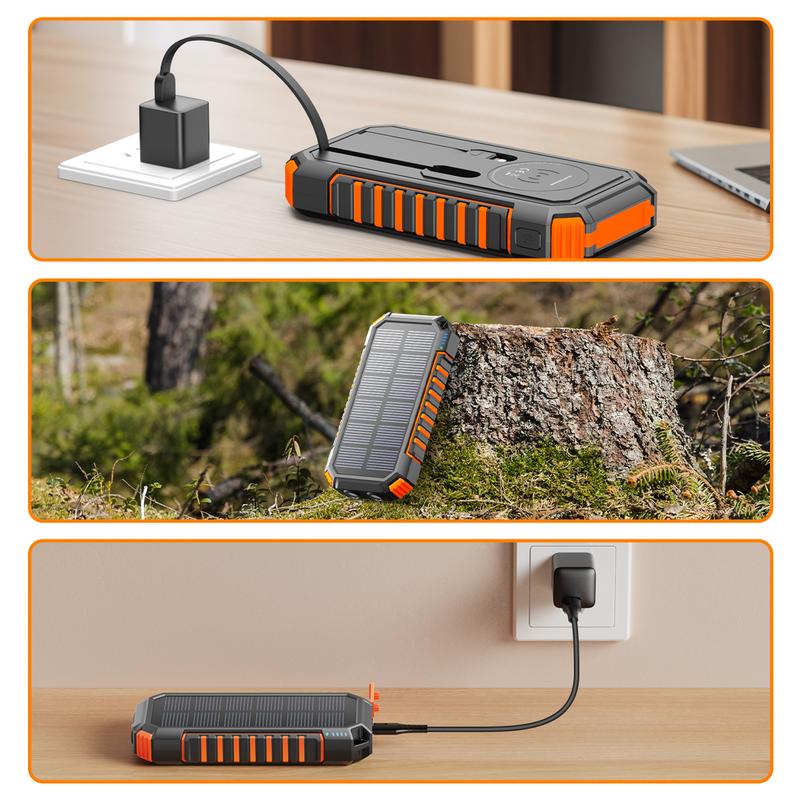 Cyber Monday Sale - Solar Charger Power Bank, 27000mAh Wireless Portable Charger with Built in Cables, 22.5W Fast Charging Battery Pack, USB C PD 3.0 QC 4.0 Portable Power Bank for iPhone16 15 14 13 Series, Samsung etc.