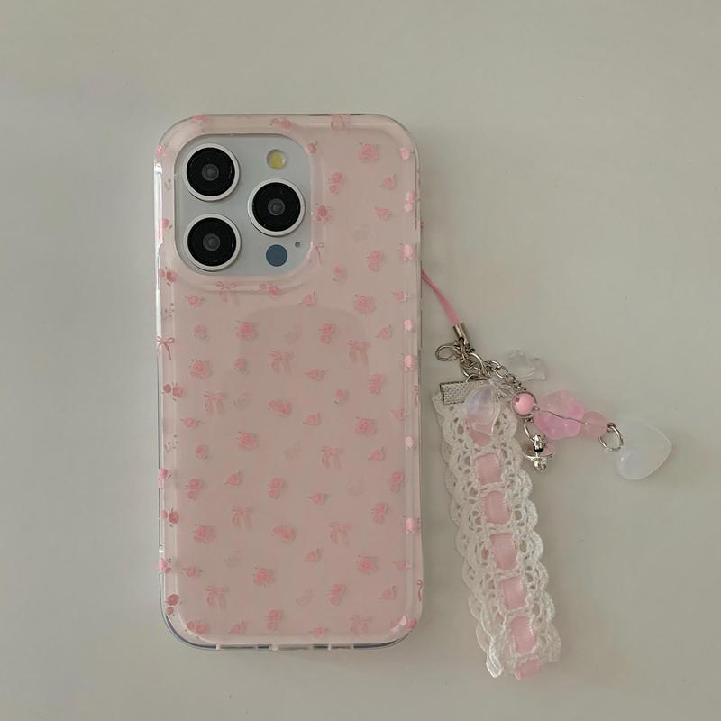 Cute Floral Pattern Phone Case with Wrist Strap, Fashion Phone Protective Case, Phone Accessories Compatible with iPhone 15 14 13 12 Pro Max