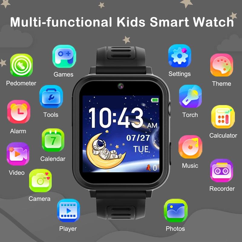 Smart Watch for Kids, Smart Watch Toys with 24 Games Camera Video Recorder Music Alarm Calculator Calendar Flashlight Stopwatch Pedometer Gift Toys for 3-12 Years Old Boys and Girls (Black)