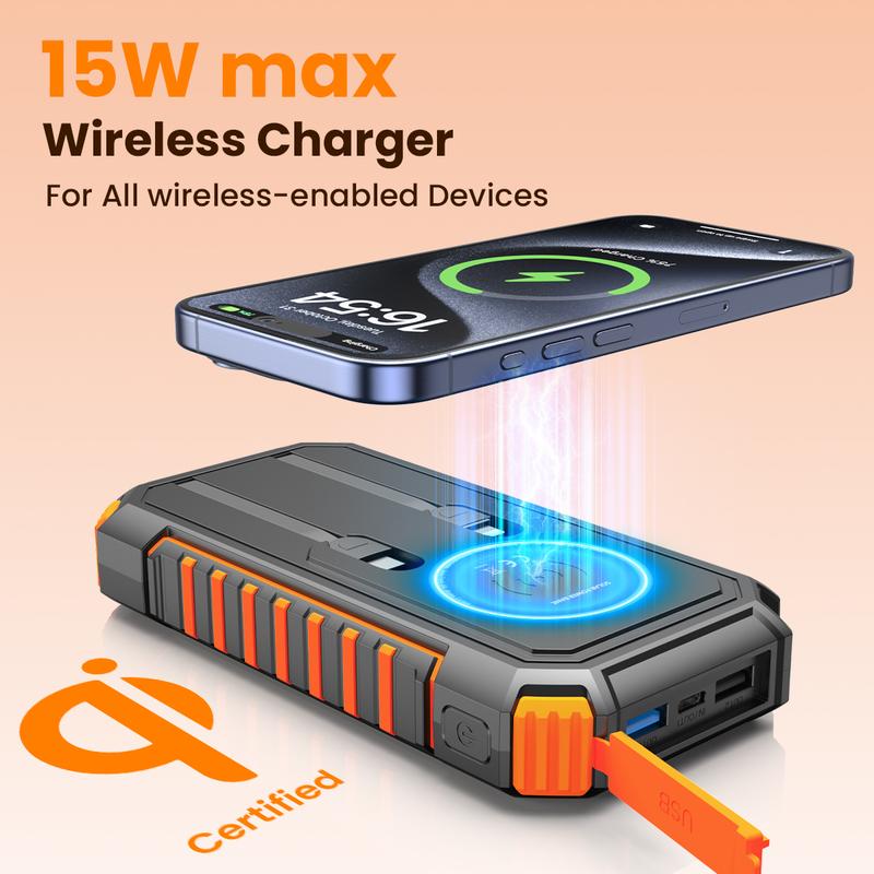 Cyber Monday Sale - Solar Charger Power Bank, 27000mAh Wireless Portable Charger with Built in Cables, 22.5W Fast Charging Battery Pack, USB C PD 3.0 QC 4.0 Portable Power Bank for iPhone16 15 14 13 Series, Samsung etc.